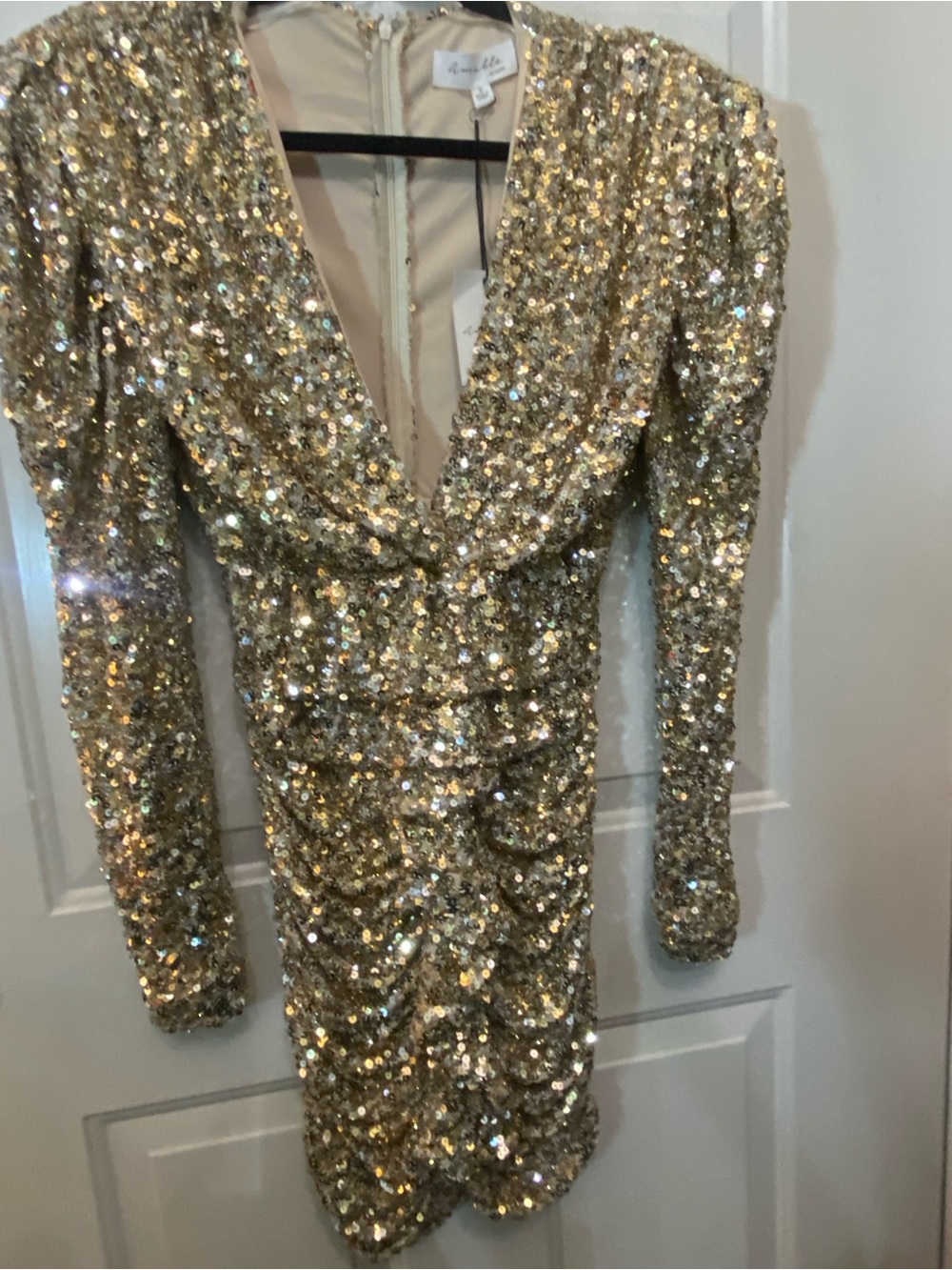 NWT Amable Gold Sequin Ruched Mini Dress